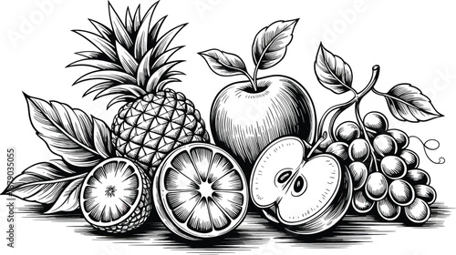 Detailed black and white engraving illustration showcases an arrangement of fresh tropical and temperate fruits including pineapple, citrus slices, apple halves, and grapes.