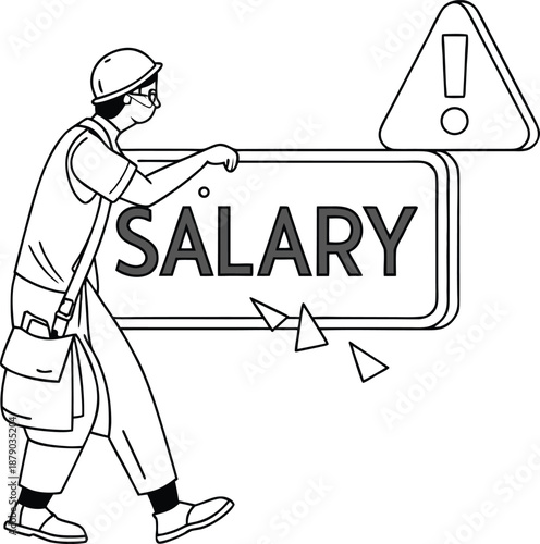 Salary Alert: A sketch of construction worker, he is alerted with his salary sign in hands, surrounded by warning symbols, this illustration capture the essence of financial concerns.