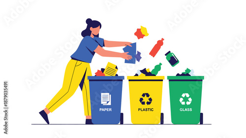 Woman Sorting Waste into Recycling Bins Illustration