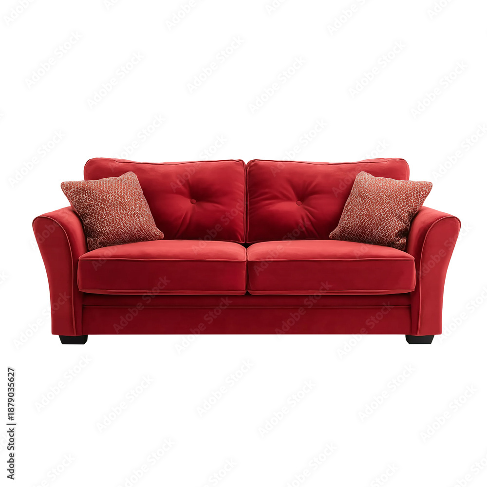 Naklejka premium Red Velvet Sofa with Button Tufting and Cushions couch isolated on a transparent background