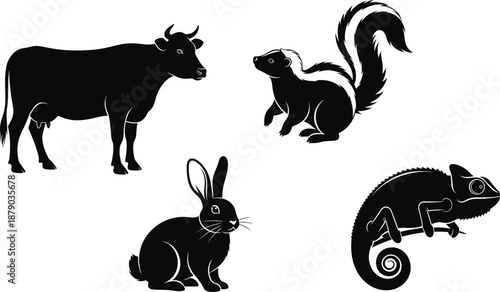 Cow silhouette illustration, skunk crawling outline, rabbit side profile drawing, chameleon reptile artwork, wildlife vector design, educational animal classification reference