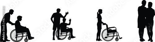 Disability assistance silhouette set, wheelchair users with caregivers, support and inclusion concept, healthcare and rehabilitation scenes, black silhouettes, isolated on white background