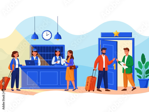 Illustration of people at a hotel reception desk with luggage and a clock