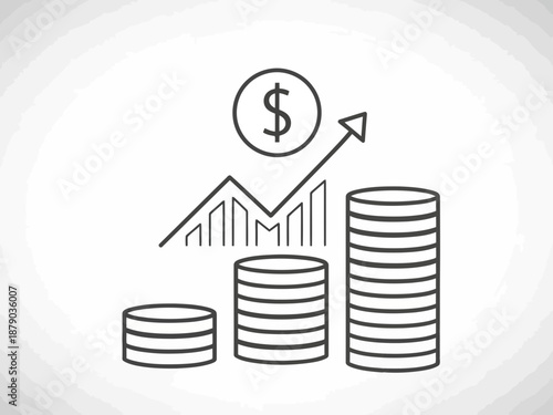A simple line drawing of growing business finances with a dollar sign and stacks of coins