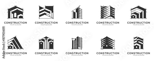 Set of Construction and Architecture Blueprint logo design inspirations. Creative vector of Building Development and Real Estate, modern abstract icon template.