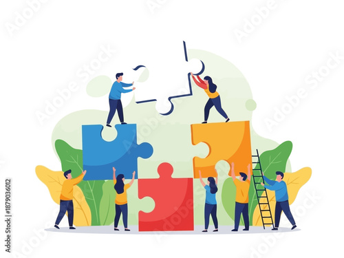 A group of people working together to put puzzle pieces together on a with green leaves