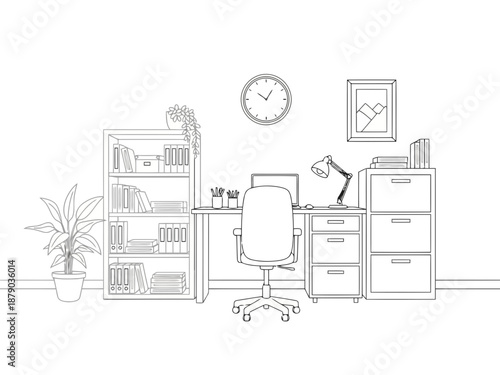 Vector illustration of a home office workspace with furniture and decor