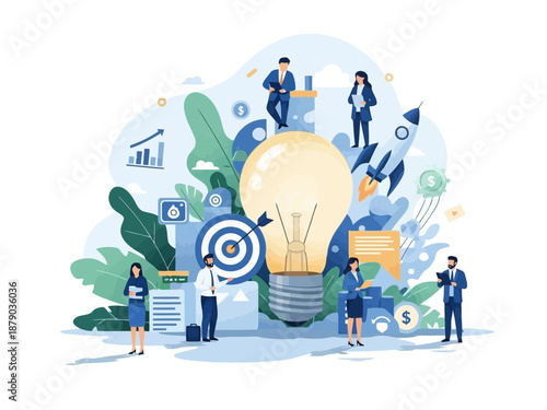A group of business people standing around a large lightbulb with various objects and symbols around it, representing teamwork and innovation in business