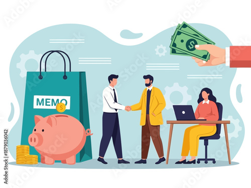 Three people exchanging money with a piggy bank and shopping bag on a light blue background