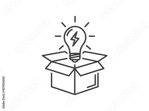 A black and white line drawing of a lightbulb coming out of an open cardboard box with lines radiating from it, symbolizing a creative idea