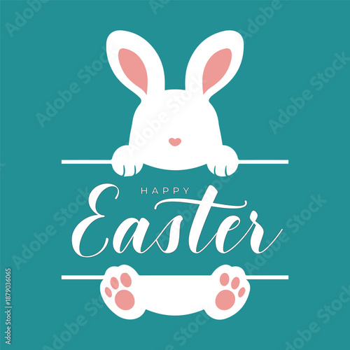 Happy Easter Greeting Card with Cute Bunny Rabbit, Modern Flat Illustration with Handwritten Typography and Pastel Spring Colors