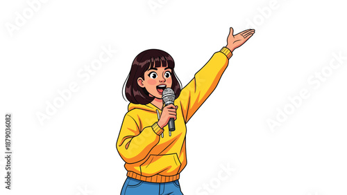 Cartoon Woman Singing with Microphone, Isolated Vector Illustration