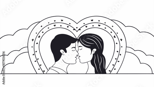 Loving couple sharing tender kiss in heart shaped clouds