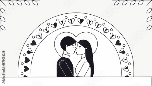 Loving couple sharing romantic moment in heart shaped archway