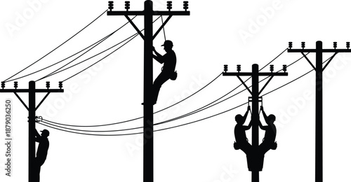 Electric lineman silhouettes climbing utility poles, power line repair and maintenance work, energy infrastructure service concept, black silhouettes, isolated on white background