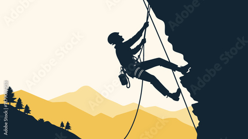 Silhouette of adventurous climber rappelling down mountain with scenic view