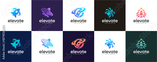 Set of Modern Rocket Launch Orbit logo design inspirations. Abstract vector of Elevate Tech Startup, colourful icon template.