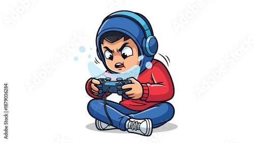 Gamer Rage: Cartoon Illustration of an Angry Young Player