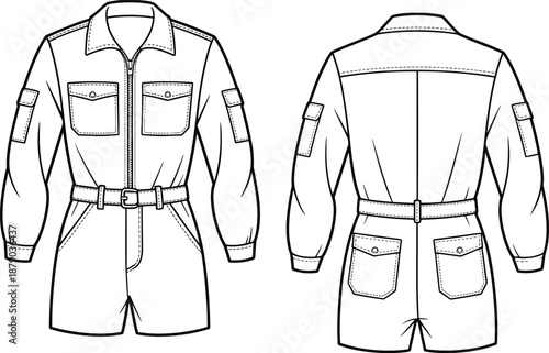 Utility romper front view, back yoke detail, belted waist jumpsuit, fashion apparel illustration, technical garment drawing, clothing design specification reference