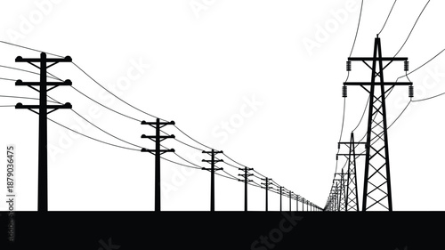 Electric power line and transmission tower silhouettes, utility poles, high voltage energy infrastructure, black silhouettes, isolated on white background