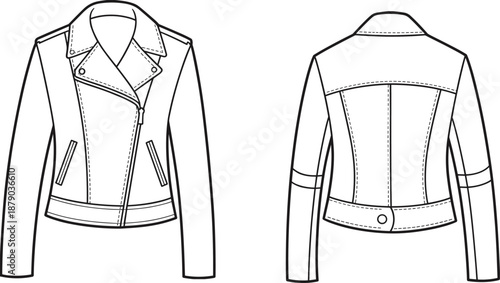Women's fitted jacket fashion illustration, technical garment sketch, front and back view, asymmetrical zipper, wide lapel collar, apparel drawing