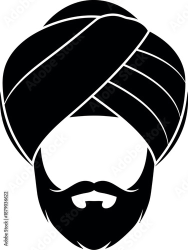 A black and white illustration of a man's head with a turban and beard