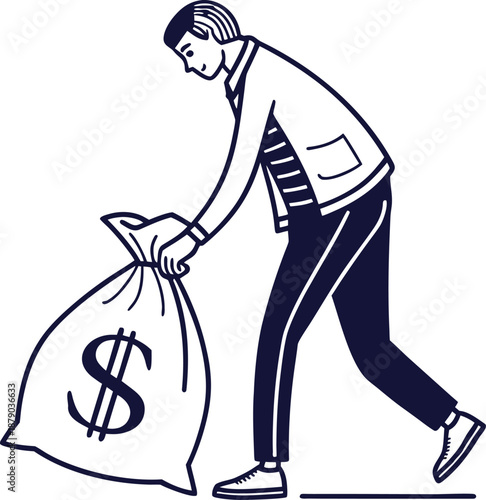 Financial Endeavor: An illustration showcases a focused individual handling a substantial money bag, emphasizing the pursuit and management of wealth.
