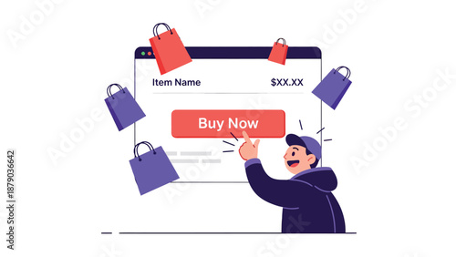 Online Shopping Illustration: Buy Now Button and Shopping Bags