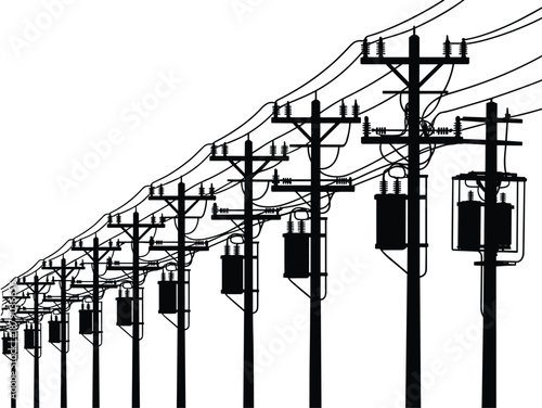 Electric power line silhouettes, utility poles with transformers, transmission wires, energy infrastructure, black silhouettes, isolated on white background