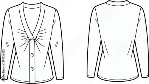 Women's cardigan fashion illustration, technical garment sketch, front and back view, V-neckline design, button closure, long sleeve apparel drawing