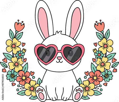 Cute Bunny Wearing Heart Sunglasses with Floral Frame – Adorable Spring Easter Bunny Illustration