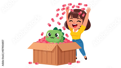 Toy Dino in Cardboard Box with Happy Girl and Falling Capsules Cartoon Illustration