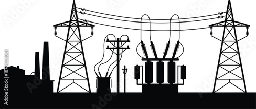 Electric power station and transmission tower silhouettes, transformers and utility poles, energy infrastructure network, industrial electricity concept, 