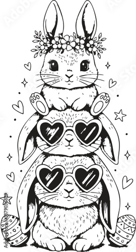 Cute Stacked Bunny Illustration with Heart Sunglasses – Easter Rabbit Line Art Design