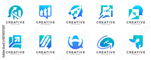 Set of Abstract Financial Growth Arrow and Chat bubble logo design inspirations. Creative vector of Communication and Marketing Strategy, modern blue cyan gradient icon template.