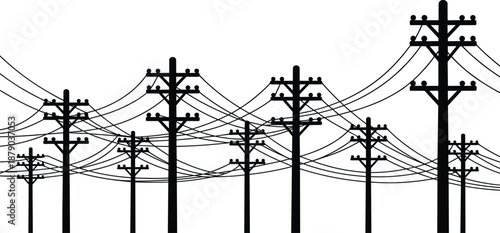 Electric utility pole silhouettes with dense overhead power lines, energy distribution network infrastructure, black silhouettes, isolated on white background design