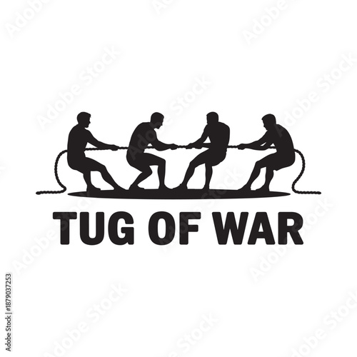 Silhouette illustration depicting a team engaged in a tug of war competition