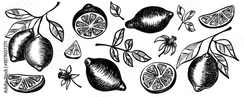 Hand drawn lemons set. Whole and sliced citrus fruit, branches and leaves. Contemporary minimal art. Collection of sketch illustration, vintage crayon charcoal style. Best for package, menu designs