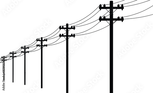 Electric utility pole silhouettes with overhead power lines, energy transmission network, infrastructure elements, black silhouettes, isolated on white background