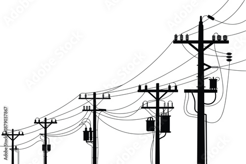 Electric utility pole silhouettes with transformers and overhead cables, power distribution network, energy infrastructure, black silhouettes, isolated on white background