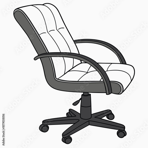 Simple black and white illustration of a comfortable executive office chair with padded seating and rolling casters