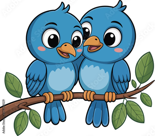 Two blue birds sitting on a branch on white background