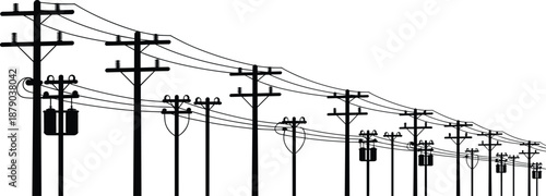 Electric utility pole silhouettes with transformers, power distribution lines, energy infrastructure, black silhouettes, isolated on white background design