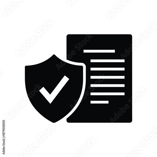 Vector illustration icon black shield icon with white checkmark next to document
