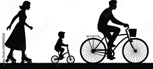 Family outdoor activity silhouette, mother skating, child cycling, father riding bicycle, happy parenting lifestyle, black silhouettes, isolated on white background