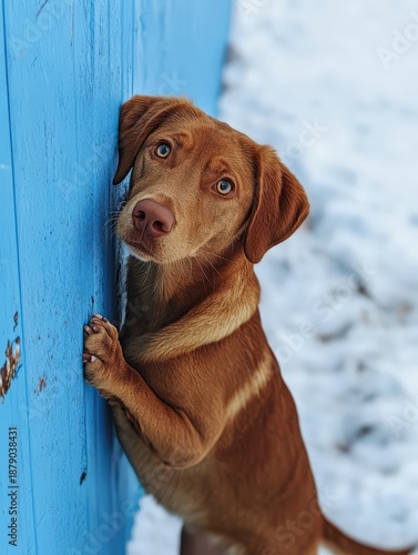 Brown dog with amber eyes stands on hind legs in snowy winter scene beside blue wall capturing a moment of wonder and awe