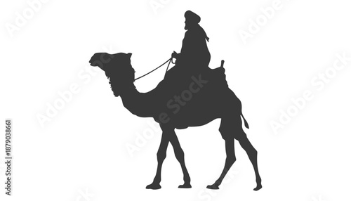 Silhouette of a person riding a camel in the desert