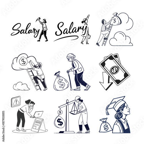 Financial Dynamics Illustrated: A compelling graphic illustrating diverse aspects of salary, depicting individuals navigating financial concepts.