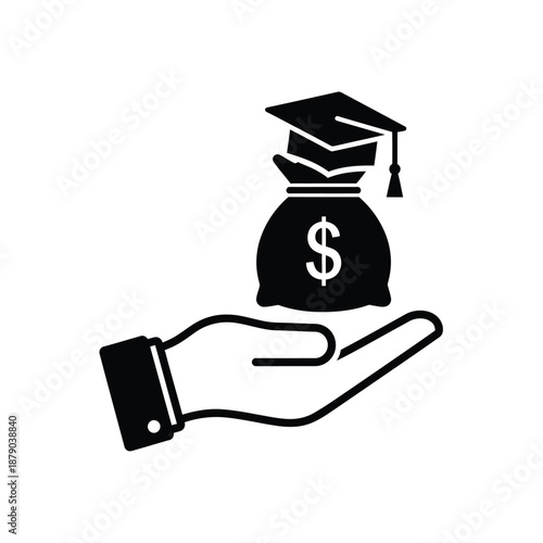 Vector illustration icon a hand holding a money bag with a graduation cap on top symbolizing education funding or student loans