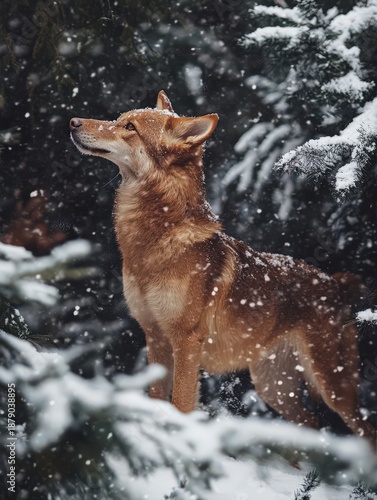 Brown dog enjoying a snowy winter day while exploring a tranquil forest setting